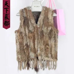 Women real fur vest with tassel winter autumn lady genuine fur gilet knitted hot sale