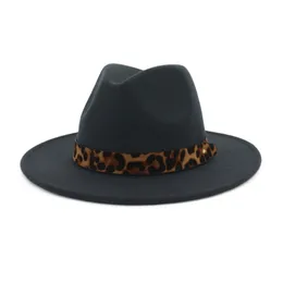 Unisex feltro de lã Jazz Fedora chapéus com Leopard Grain Belt Mulheres Homens Aba larga Panamá Trilby Carnaval Hat Formal