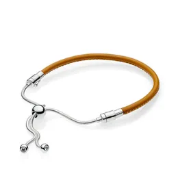 Nowy 100% 925 Sterling Silver Moments Golden Tan Leather Sliding Bransoletka Urok Kobiety Moda DIY Prezent Biżuteria 597225CGT