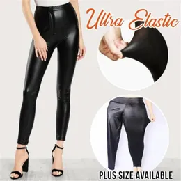 Damer hög midja stretch-fit faux läder penna byxor leggings form bantning stor elasticitet pant skinny träning byxor