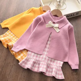 Baby Kleidung Herbst und Winter gestrickt Pullover zweiteilige Mode Girl Plaid Print Weste Pullover Rock Baby Girl Pullover Set