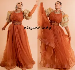 Caramel alta Neck Vestidos Formais 2021 luxo cristal frisada Africano manga comprida Plus Size Prom Vestido Robes De Soirée