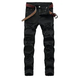 Mens White Black Distressed Holes Skinny Jeans Full Length Denim Pants Street Style byxor Whole3080