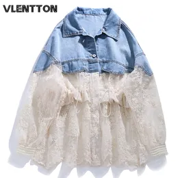 2020 Spring Summer Fashion Lace Patchwork Denim Jacket Women Casual Loose Zipper Thin Jeans Sunscreen Coat Female Outerwear