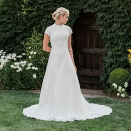 2020 Ny Vintage Lace Modest Bröllopsklänningar med Cap Sleeves High Neck Knappar Tillbaka Simple Sleeved Bridal Gowns Custom Made Robe de Marie