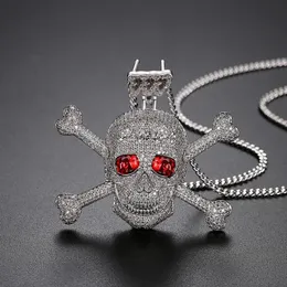 JINSE Voller Strass Punk Rot CZ Stein Skeleton Schädel Anhänger Halsketten für Männer Gold Farbe Hip Hop Schmuck Geschenk Seil kette 1212D