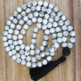 108 Howlite Knotted Mala Necklace Lava Stone Pendant Bead With Black Tassel Necklace Emotional Calming Healing Jewelry