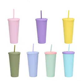 Plastic Sippy Cup Solid Coffee Mugs With Lids Double Wall Straw Cups Tumblers Slim Straight Cup Milk Water Bottle Drinkware HHC1356