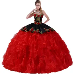 3D Rose Floral Applique Black and Red Quinceanera Dress Mexican Charra Insignia With Medal Medallions Removable Straps