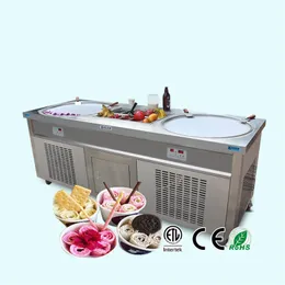 ETL 22 polegadas grandes frigideiras redondas duplas Rolamento Máquina de sorvete, máquina de rolo de sorvete com 10 baldes refrigerados, degelo automático, controle inteligente de temperatura da IA