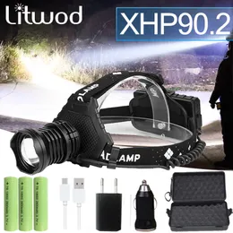 Mais poderoso XHP90.2 LED Headlamp 8000LM cabeça lâmpada USB recarregável farol impermeável zooma luz de pesca use 18650 bateria