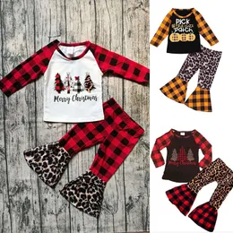 Christmas Halloween Kids Clothing Sets Pumpkin Print Long Sleeve Top + Plare Plaid Leopard Pants 2Pcs/Sets Infants Outfits M2717