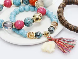 fashion allmatch cute elephant bracelet multilayer handmade beaded bracelet turquoise wood tassel bracelet