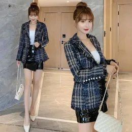 Korean fashion women's turn down collar long sleeve blue plaid pattern medium long slim waist tweed woolen coat SMLXL