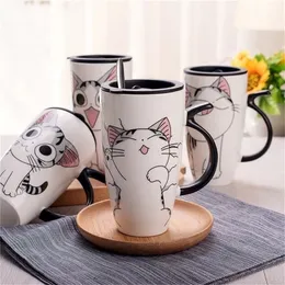 600ml Cute Cat Ceramics Coffee Mug With Lid Large Capacity Animal Mugs creative Drinkware Coffee Tea Cups Novelty Gifts milk cup LJ200821