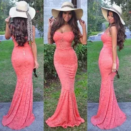 Elegant Full Lace Coral Sweetheart Lace Mermaid Evening Dresses Spaghetti Straps Golvlängd Formell Klänning Party Gowns Prom Klänningar