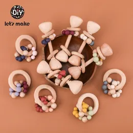 Let's Make Baby Toys Educational Silicone Beads Dumbbell Bracelet Handheld Beech PVC Free 2pcs/set Wooden Rattles For Newborns LJ201113