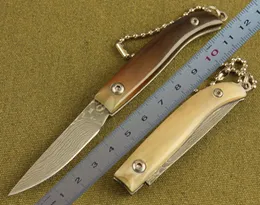 1 st ny 4,5 tums damaskus pocket vik kniv VG10 Damascus stålblad Cow hornhandtag EDC Keychain knivar