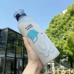 1000ML Large Capacity Water Bottles Cute Bear Pattern Plastic Water Bottle Transparent Frosted Leak-proof Drinkware Water Cup 201105