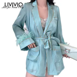 [Livivio] casaco de pena manga comprida feminina com faixa lace up waisted feminino jaqueta outono moda roupas Novo 201112