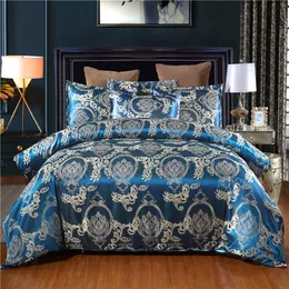Luksusowa Pościel Blue Satin Silk Jacquard Bed Set Pojedyncza Królowa King Duvet Cover z Poszewką Pojedyncze pościel Luksusowy 201021