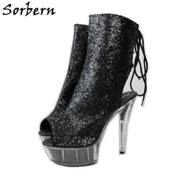 Sorbern 15 cm glitzernde schwarze Damenstiefel, offene Spitze, Schnürung hinten, Pole Dance, hoher Absatz, transparentes Plexiglas mit Absatz