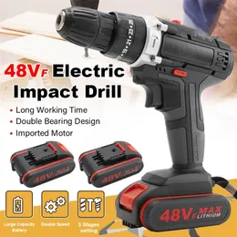 48VF Electric Drill Impact Drill Cordless Drill Wrench Electric Screwdriver Set with LED 2 Speed+Battery For Home Household 201225