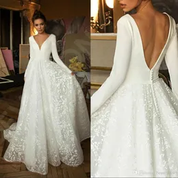 2020 mode boho långärmad prinsessa bröllopsklänningar v nacke täckt knapp baklöst spets tåg brudklänning vestido de novia
