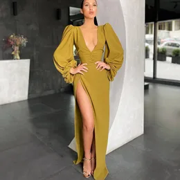 Deep V Neck Long Sleeves Evening Dress High Split Sexy Prom Klänningar Arabiska Aso Ebi Plus Size Party Gowns Custom Made