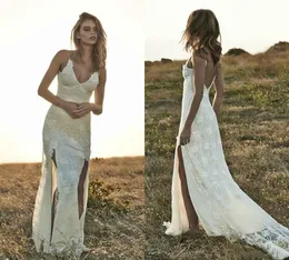 Mermaid Dresses 2021 Lace Applique Slit Sexy Backless Spaghetti Straps Sweep Train Custom Made Country Wedding Gown Vestido De Novia