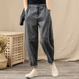 2020 Spring Korea Fashion Women High Waist Loose Vintage Grå Jeans All-matchad Casual Bomull Denim Harem Byxor Plus Size LJ201029