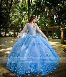 Sky Blue Ball Suknia Quinceanera Sukienki z odpinanymi aplikacjami na peleryny koraliki Słodka sukienka vestidos de aos koronki