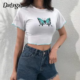 Darlingaga cotone dolce farfalla stampa bianca maglietta delle donne manica corta aderente Crop Top Harajuku estate T-shirt Tee Shirt T200614