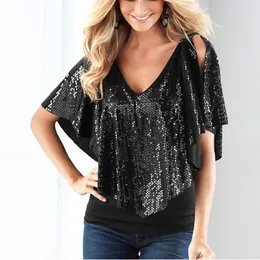 Wholesale-女性レディ美しいスパンコール輝きショールグリッターストレッチコットントップス半袖Tシャツ1