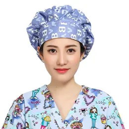 Bomullsskrubbar Beanie Caps West-Absorbent Elastic Section Pet Grooming Nursing Work Hats Lab Flower Print Scrub Hat