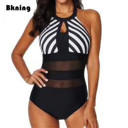 Bkning XXL Swimsuits Female One 1 Piece Swimwear Plus Size Bathing Suit High Neck Transpare Mayokini Large Mesh Striped Badpak T200708