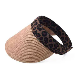 Trendig sommar Vintage Leopard Sun Hat Beach Visor Hat Tomt Top Straw Hat Solskydd All-Match för Street Shooting G220301