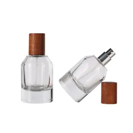 Spray Mist Bottle Parfym Atomizer Gold Silver Crimp Pump Tjock botten Rund Glas trä lock 35 ml tom klar kosmetisk påfyllningsbar flaskor förpackningsbehållare