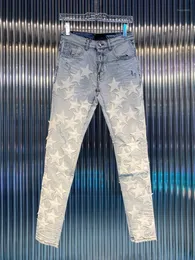 Męskie Dżinsy Rajstopy Społeczne Wysokiej Jakości Streetwear Designer Patchwork Marka Jean Mors Hip Hop Leather Star Stitching Ripped Denim Spodnie