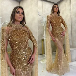 Luksusowe Złote Suknie Wieczorowe 2021 Długie Rękawy Arabskie Dubaj Sparkly Prom Suknie Handmade Red Carpet Specjalna okazja Dress