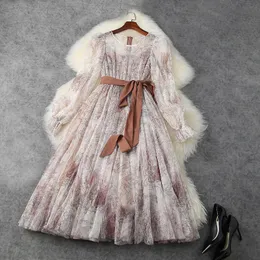 2021 Vår långärmad rund hals mångfärgad tryck Tulle Belted Mid-Calf Klänning Elegant Söt Casual Sheer Dresses LJ07T11766