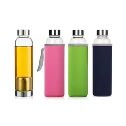 Bottiglia d'acqua in vetro da 550 ml tazza portatile resistente alle alte temperature con filtro per il tè infusore bottiglia per auto custodia in nylon 5 colori logo personalizzato