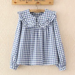 Women Plaid Shirt Long Sleeve Spring Summer Tops Ladies Japanese Mori Girl Peter pan Collar Cute Baby doll Cotton Blouses T200321