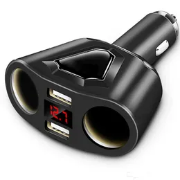 Hot 3.1A Dual USB Car Charger with 2 Cigarette Lighter Sockets Power Support Display Current Volmeter for Phone Tablet GPS With Retail Box