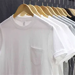 260g ciężkiej wagi męskiej koszulki Lato Retro Proste Przystojny Chic Casual Miękki Solid Color Kieszonkowy Kieszonkowy Krótki Rękaw O-Neck Tees G1229