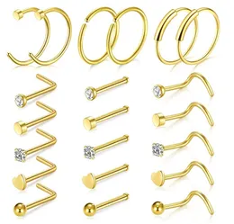 21pcs/set Hoop Nose Ring Set Titanium Gold Silver Black Nose Rings Body Jewelry Lip Stainless Steel Piercing Stick Bar for Men Women Anti Allergy High Quality