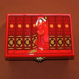 China Pingyao hand push light lacquer Dressing wooden painting boxes with Copper lock double-deck Chinese lacquerware jewelry casket Cosmetic case craft storage