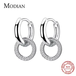 Modian Sparkling Hoop Kolczyki Moda Urok 100% 925 Sterling Silver Clear CZ Circle Ear Dla Kobiet Ślub Oświadczenie Biżuteria 220214