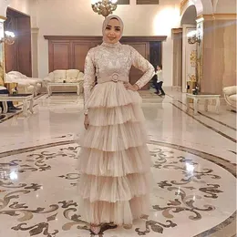 Vintage Champagne Layer Ruffles Tulle Muslim Prom Dresses High Collar Full Sleeve Evening Gowns Beaded Robes Re Caftan Abaya Dubai