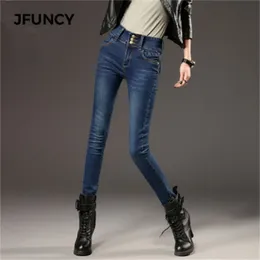 Jfuncy kvinnor vinter jeans elastiska höga midja skinny denim byxor fleece fodrad jeggings casual plus storlek kvinnlig sammet jeans varma 201030